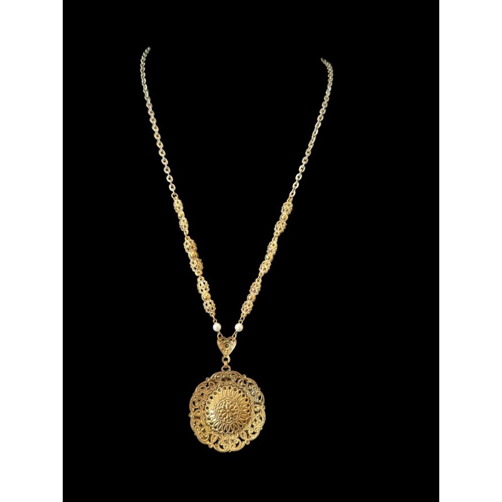 Vtg W Germany Gold-Tone Necklace Faux Turquoise & Pearl Filigree Pendant SIGNED - Picture 2 of 9